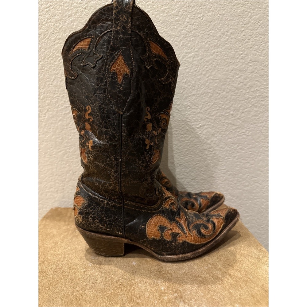 Corral Western Boots‎ Womens 6.5 Snakeskin Inlay Distressed Brown Cowboy